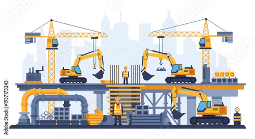 Urban Construction Site: Workers, Cranes, and Excavators Building Modern City Infrastructure - Flat Vector Illustration for Development & Engineering Projects.