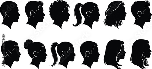 Collection of black vector silhouettes featuring diverse male and female profile head shots with various hairstyles for social media avatars and human icons.