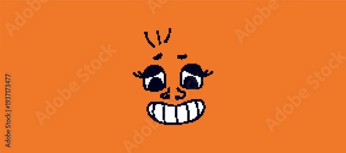 Funny pixel face with bold smile for avatar set. Happy 8bit emoticon with comic expression.