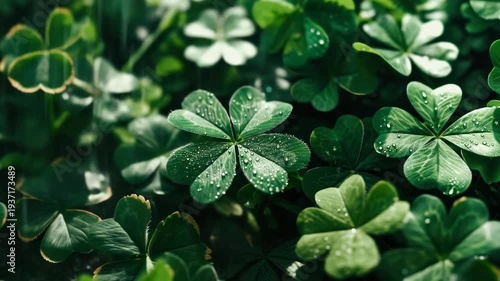 Fresh green clovers glisten with dewdrops. Nature's quiet beauty, crisp and vibrant. Each leaf holds subtle moisture, life's embrace. Soft light enhances texture and natural depth
