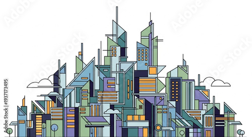 Abstract Digital Cityscape with Modern Skyscrapers and Geometric Shapes.