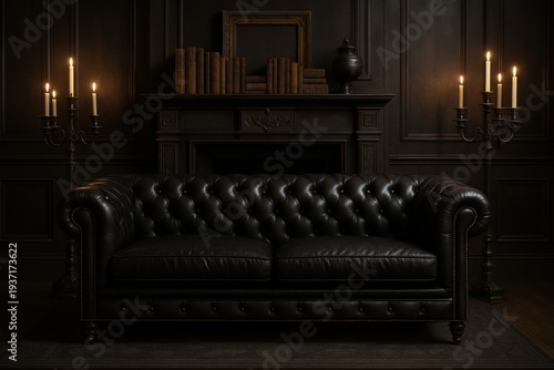 Dark leather tufted chesterfield sofa in elegant dimly lit room