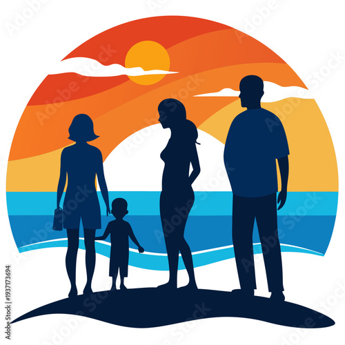 Family Walking at Beach Sunset – Happy Family Vacation Silhouette Illustration