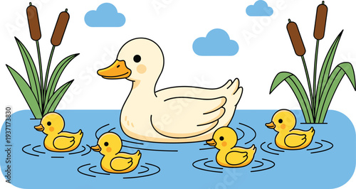 Mother duck swimming with cute ducklings on pond with reeds and water ripples cartoon animal vector illustration