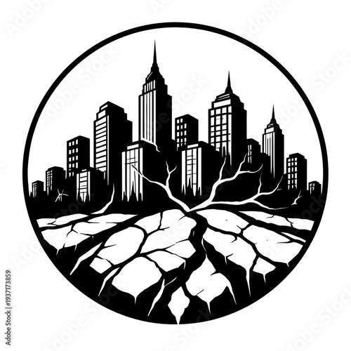 Cityscape silhouette with cracked earth and dry tree roots in a circular frame, symbolizing environmental degradation and urbanization