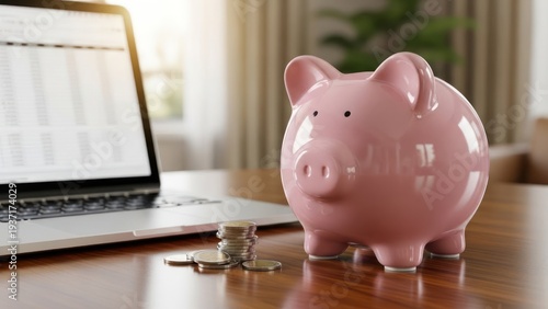 Piggy bank and laptop on a wooden table illustrating financial concepts