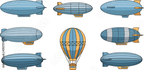 Airship Blimp and Hot Air Balloon Vintage Flying Aircraft Collection Flat Vector Illustration Set