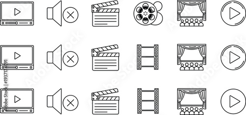 Cinema and Video Player Line Icons with Movie Film Clapboard Theater Screen Play Button Media Entertainment Vector Collection