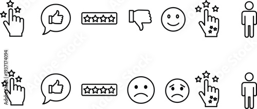 Customer Feedback and Rating Line Icons with Review Stars Like Dislike Satisfaction and User Experience Evaluation Vector Set