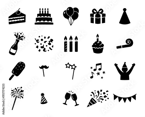 Birthday Party Celebration Silhouette Icon Set – Cake Balloons Gift Champagne Confetti Party Elements Black Vector Collection