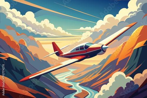 Airplane Flying Over Mountain Landscape Travel Vector Illustration