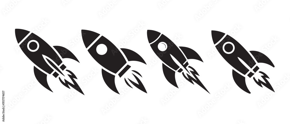 Fototapeta premium Retro Rocket Ships Launching with Fire and Smoke, Minimalist Vector Illustration of Space Travel and Innovation.