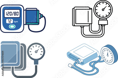 Vector icons set featuring Ophthalmoscope: Used to examine the interior of the eye (retina and optic nerve) medical equipment.
