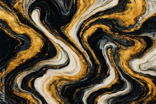 Abstract marble pattern with glittering gold, black, and white liquid swirls