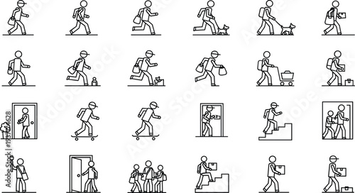 Stick figure daily activities icon set with walking running working shopping and travel actions minimalist line vector illustration