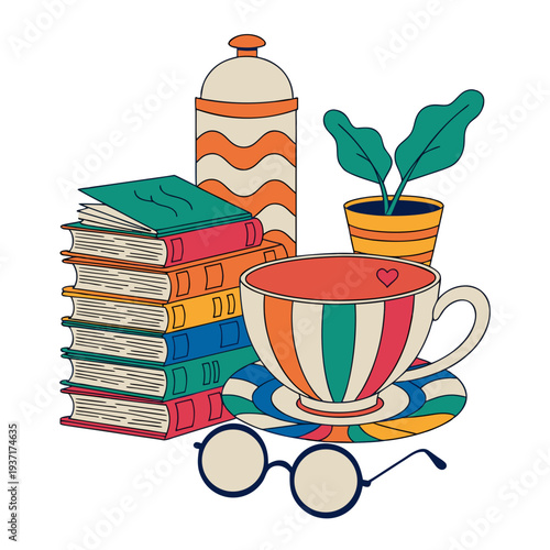 Stack of Books with Coffee Cup and Plant Illustration