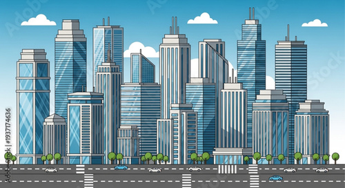 Modern City Skyline with Tall Skyscrapers and Urban Architecture.