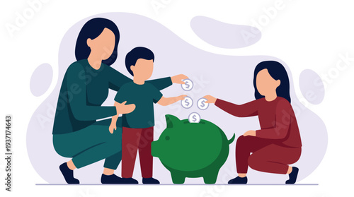 Family teaching child about money savings with a piggy bank illustration