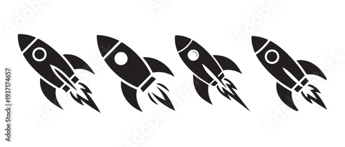 Retro Rocket Ships Launching with Fire and Smoke, Minimalist Vector Illustration of Space Travel and Innovation.