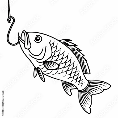 Black and White Fish Caught on Hook Line Art Illustration