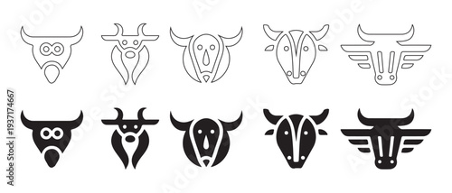 Collection of Stylized Bull and Ox Heads Icons, Vector Set, Symbols of Strength and Power, Diverse Designs.