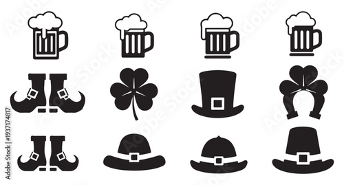 St patrick’s day vector icons set beer mugs leprechaun hats clover horseshoe shoesSt patrick’s day vector icons set beer mugs leprechaun hats clover horseshoe shoes