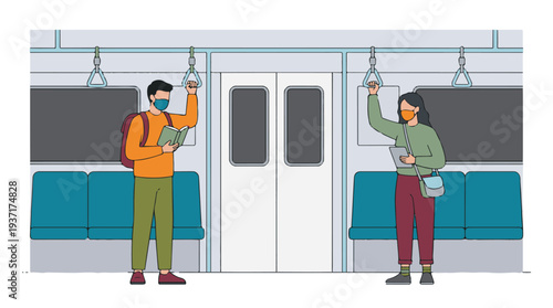 People wearing face masks, reading and using tablet on subway train