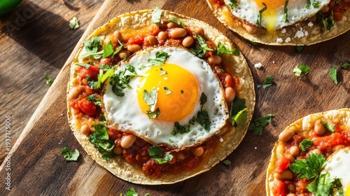 Exquisite Tostadas: A culinary masterpiece unfolds as a trio of delectable tostadas showcases perfectly fried eggs atop a flavorful base, adorned with fresh herbs and beans.