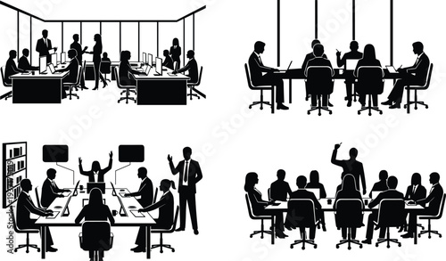 Silhouettes Of Business People In Meetings And Office Environments vector illustration
