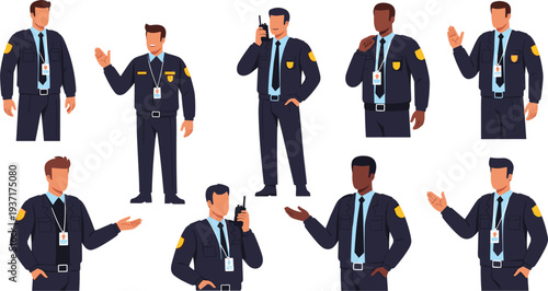 Security Guard Officer Character Set with Different Gestures, Professional Protection Staff with Communication Radio and ID Badge Vector Illustration Collection