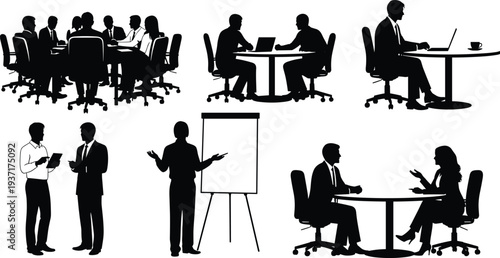 Silhouettes Of Business People In Meetings And Presentations vector illustration