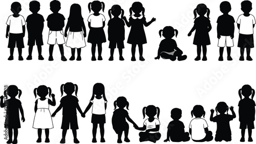 Silhouettes of children in various poses on white background kids group