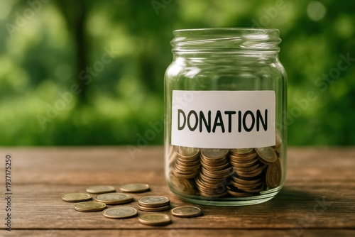 Glass donation jar with coins on wooden table, blurred green background