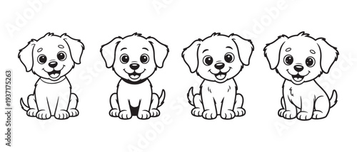 Cute Cartoon Puppy Set. Four Adorable Line Art Dogs Sitting Happy, Friendly Pet Illustrations for Children's Books and Designs.
