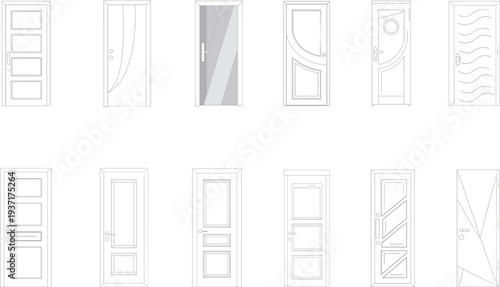 Modern door line icons collection featuring various entrance designs, architectural doorway outlines, interior exterior doors vector set for construction, real estate, UI design projects