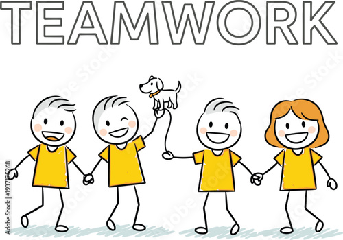 Teamwork concept with happy stick figure team holding hands and pet dog, collaboration and unity cartoon vector illustration