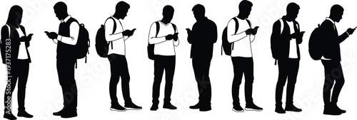 Silhouettes Of People Standing And Looking At Their Smartphones mobile