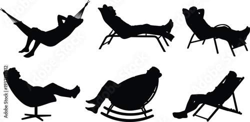Six Silhouettes Of People Relaxing In Various Chairs And Hammock relaxation leisure