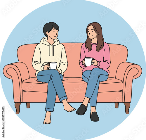 Young couple sitting on sofa drinking coffee and talking, relaxed home conversation moment, relationship lifestyle flat vector illustration