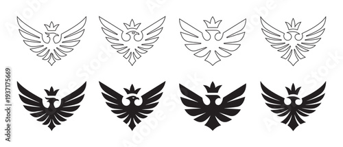 Heraldic Eagle Crests with Crowns. Line Art and Solid Silhouettes for Royalty and Power Symbols.