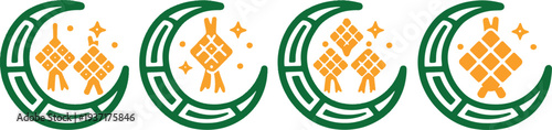 Islamic Crescent Moon and Ketupat Element Set, Minimalist Green and Yellow Line Art Icons for Eid Mubarak and Ramadan.