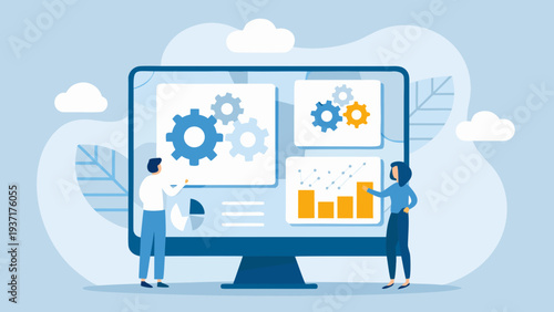 Data Analytics Dashboard with Business Team Vector Illustration