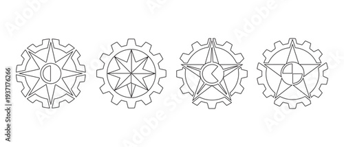 Abstract geometric emblems featuring gears with star and moon symbols, elegant line art design for modern concepts.
