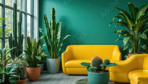 Contemporary Living Room Decor with Bright Yellow Couch and Lush Green Plants in Urban Setting