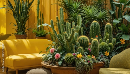 Vibrant Indoor Botanical Garden Featuring Diverse Cacti and Colorful Flowers with Yellow Sofa