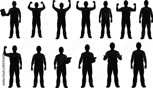 Set of construction worker silhouettes showing different poses including holding clipboard, flexing muscles, and standing confident, industrial labor concept isolated on white background 