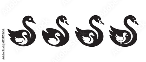 Black Swan Family Icons. Mother and Cygnet Silhouette, Logo & Symbol Set.