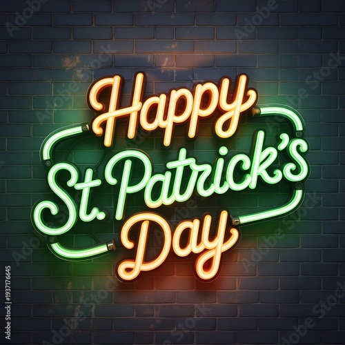Saint Patrick's Day neon. Happy St. Patrick's day lettering glowing green sign. Patricks Day Irish holiday