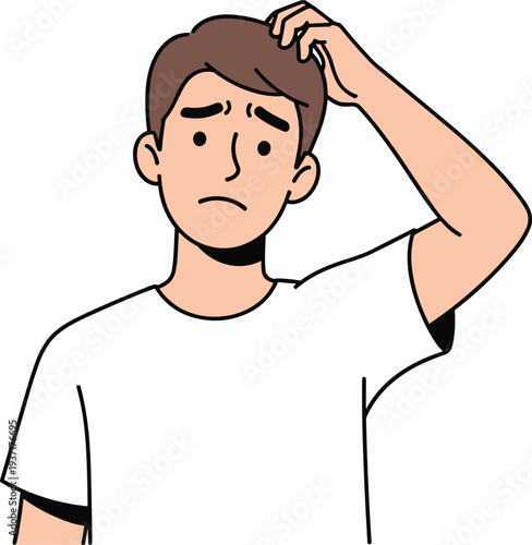 Confused young man scratching head with worried expression, uncertainty and problem thinking concept flat vector illustration