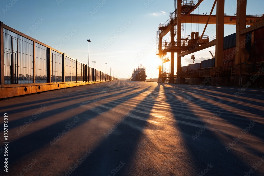 Obraz premium Industrial Port at Sunset with Long Shadows and Cargo Operations
